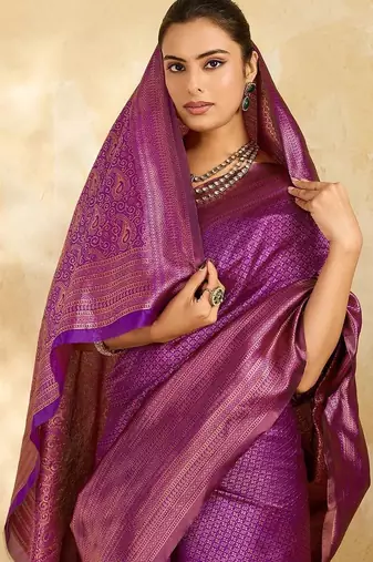Purple woven design zari silk blend designer banarasi saree