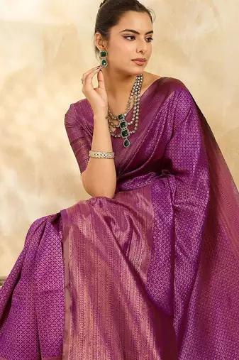 Purple woven design zari silk blend designer banarasi saree