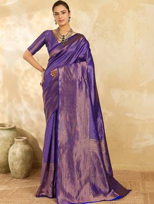 Purple women woven design zari silk blend designer banarasi saree 1