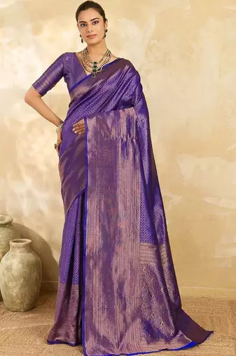 Purple women woven design zari silk blend designer banarasi saree