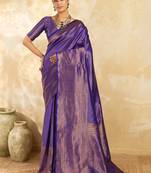 Purple women woven design zari silk blend designer banarasi saree