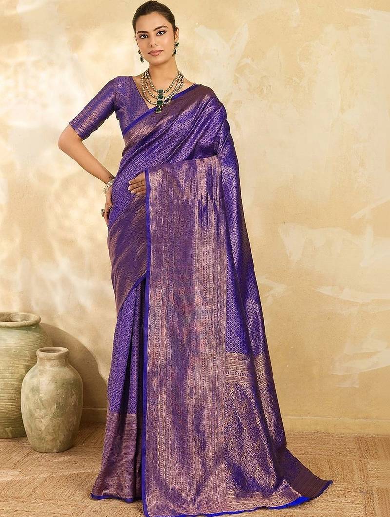 Purple women woven design zari silk blend designer banarasi saree