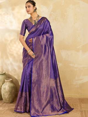Purple women woven design zari silk blend designer banarasi saree 2