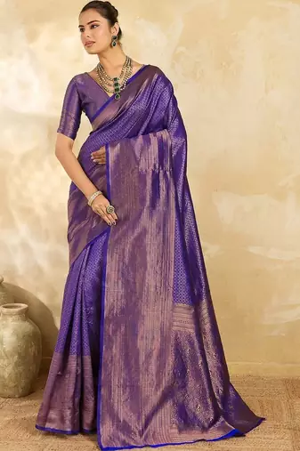 Purple women woven design zari silk blend designer banarasi saree