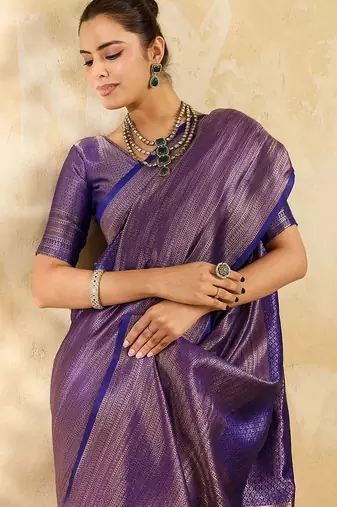 Purple women woven design zari silk blend designer banarasi saree