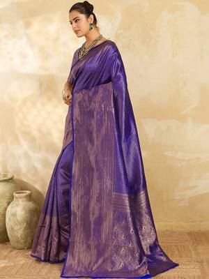 Purple women woven design zari silk blend designer banarasi saree 5