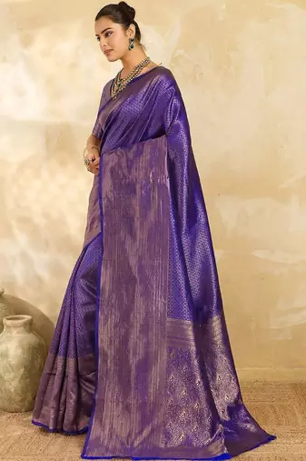 Purple women woven design zari silk blend designer banarasi saree