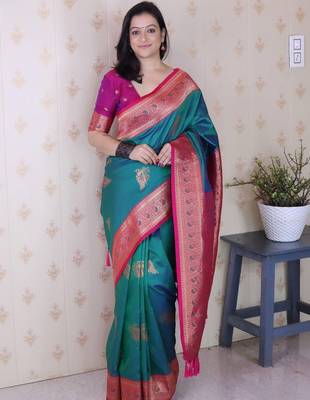 Teal ethnic motifs zari silk blend banarasi saree 1