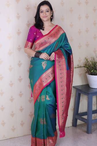 Teal ethnic motifs zari silk blend banarasi saree