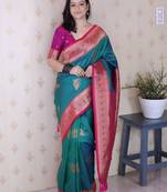 Teal ethnic motifs zari silk blend banarasi saree
