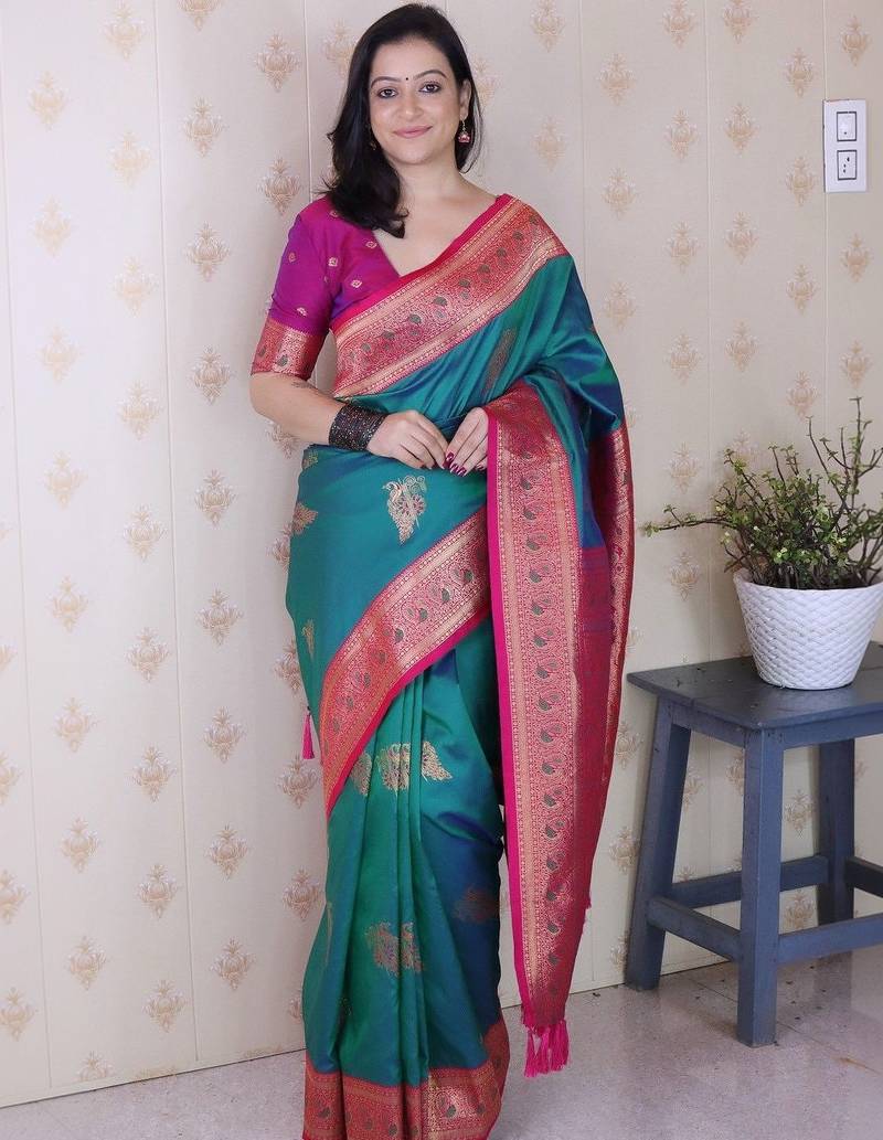 Teal ethnic motifs zari silk blend banarasi saree