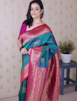Teal ethnic motifs zari silk blend banarasi saree 2