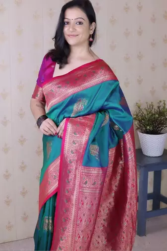 Teal ethnic motifs zari silk blend banarasi saree