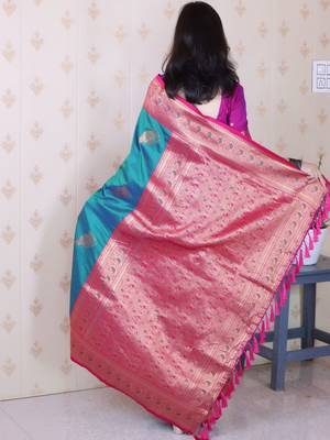 Teal ethnic motifs zari silk blend banarasi saree 3