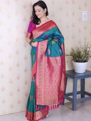 Teal ethnic motifs zari silk blend banarasi saree 4