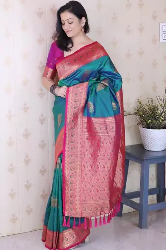 Teal ethnic motifs zari silk blend banarasi saree