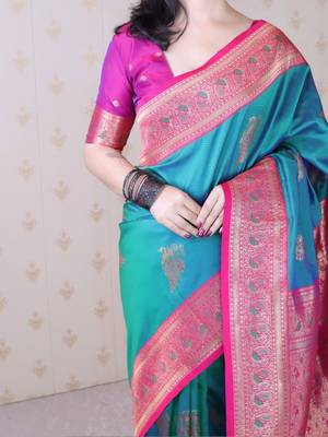 Teal ethnic motifs zari silk blend banarasi saree 5