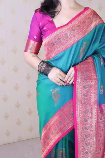 Teal ethnic motifs zari silk blend banarasi saree