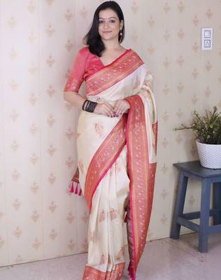 Cream ethnic motifs zari silk blend heavy work banarasi saree 1