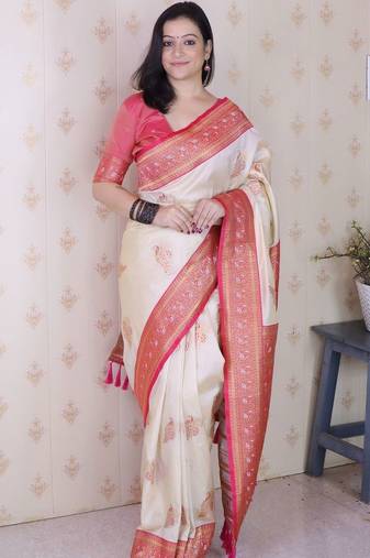 Cream ethnic motifs zari silk blend heavy work banarasi saree