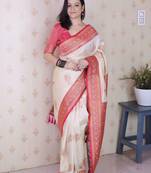 Cream ethnic motifs zari silk blend heavy work banarasi saree