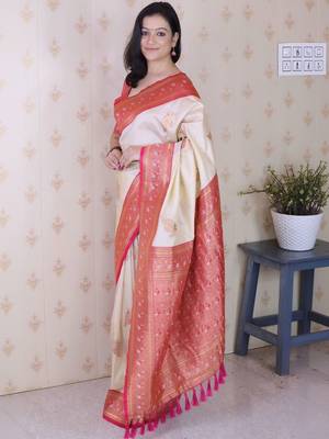 Cream ethnic motifs zari silk blend heavy work banarasi saree 2