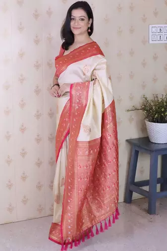 Cream ethnic motifs zari silk blend heavy work banarasi saree