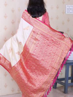 Cream ethnic motifs zari silk blend heavy work banarasi saree 3