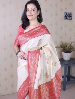 Cream ethnic motifs zari silk blend heavy work banarasi saree 4