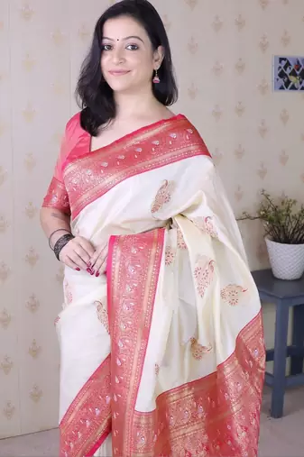 Cream ethnic motifs zari silk blend heavy work banarasi saree