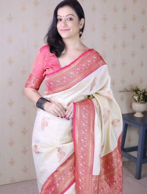 Cream ethnic motifs zari silk blend heavy work banarasi saree 5