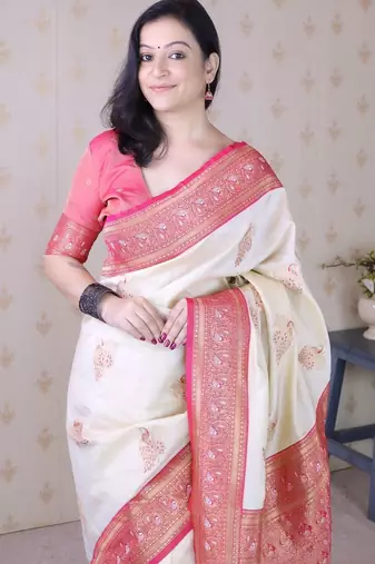 Cream ethnic motifs zari silk blend heavy work banarasi saree