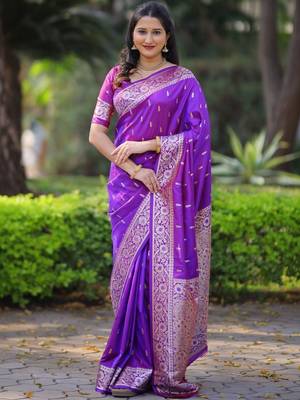 Purple ethnic motifs zari silk blend handloom banarasi saree 1