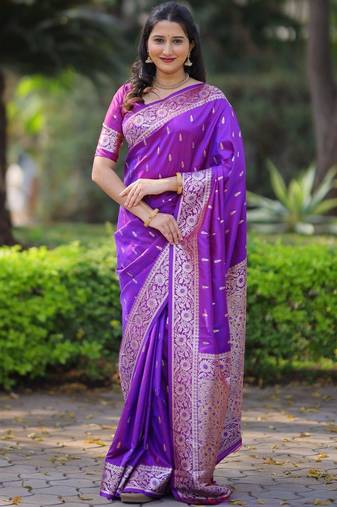 Purple ethnic motifs zari silk blend handloom banarasi saree