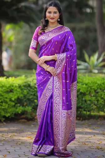 Purple ethnic motifs zari silk blend handloom banarasi saree