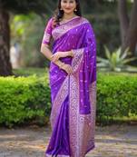 Purple ethnic motifs zari silk blend handloom banarasi saree
