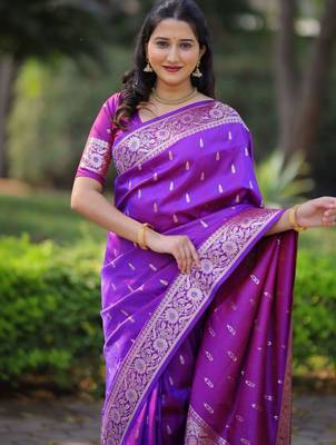 Purple ethnic motifs zari silk blend handloom banarasi saree 2