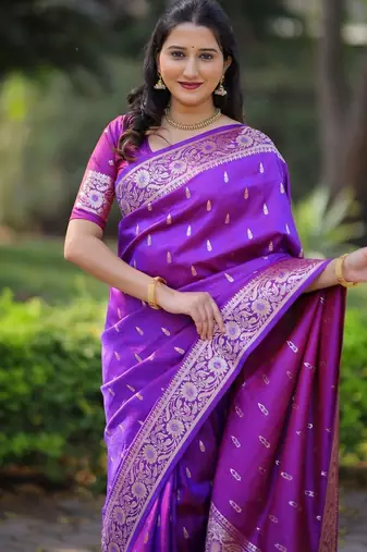 Purple ethnic motifs zari silk blend handloom banarasi saree