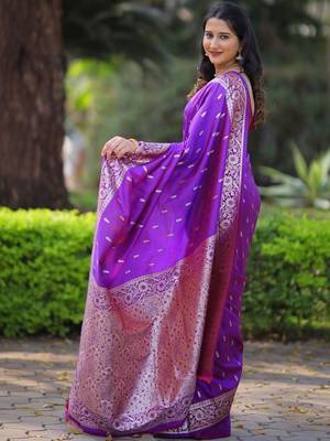 Purple ethnic motifs zari silk blend handloom banarasi saree 3