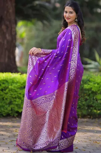 Purple ethnic motifs zari silk blend handloom banarasi saree