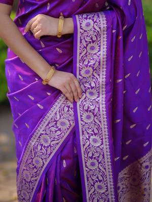 Purple ethnic motifs zari silk blend handloom banarasi saree 4