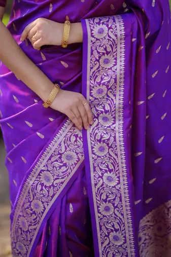 Purple ethnic motifs zari silk blend handloom banarasi saree