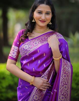Purple ethnic motifs zari silk blend handloom banarasi saree 5