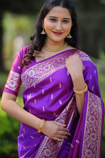 Purple ethnic motifs zari silk blend handloom banarasi saree