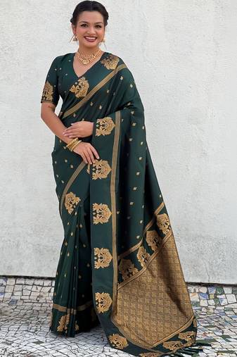 Green woven design zari silk blend designer banarasi saree