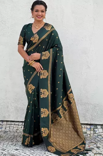 Green woven design zari silk blend designer banarasi saree