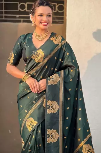 Green woven design zari silk blend designer banarasi saree