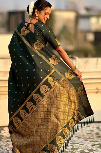 Green woven design zari silk blend designer banarasi saree