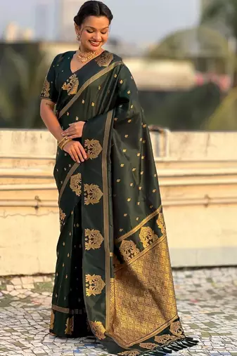 Green woven design zari silk blend designer banarasi saree