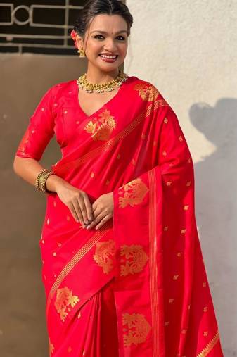 Red woven design zari silk blend designer banarasi saree